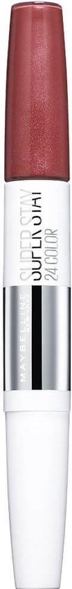 Lichtroze lipstick met bordeauxrode dop en "SuperStay 24 Color" erop.