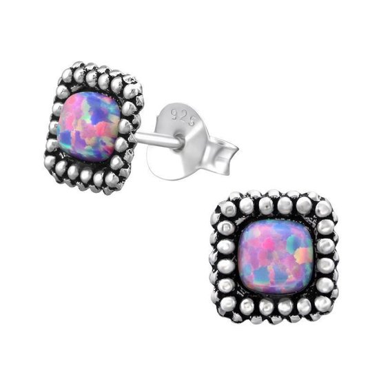 Aramat jewels ® - Vierkante oorbellen opaal roze paars 925 zilver 7mm