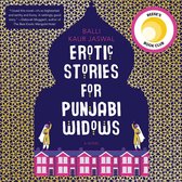 Boekcover 'Erotic Stories for Punjabi Widows' met gouden patroon, silhouet van huizen en twee figuren, en Reese's Book Club-logo.