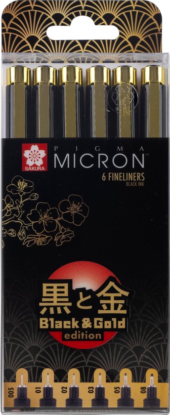Sakura Pigma Micron Stifte Set – 6 Stück, Schwarz & Gold, Größen 005–08, Archivfest & Wasserfest