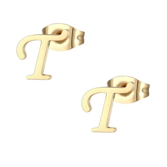 Aramat jewels ® - Oorbellen letter t zweerknopjes goudkleurig chirurgisch staal 10mm