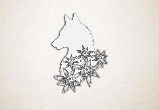 Wanddecoratie - Wolf met bloemen - M - 83x60cm - Wit - muurdecoratie - Line Art