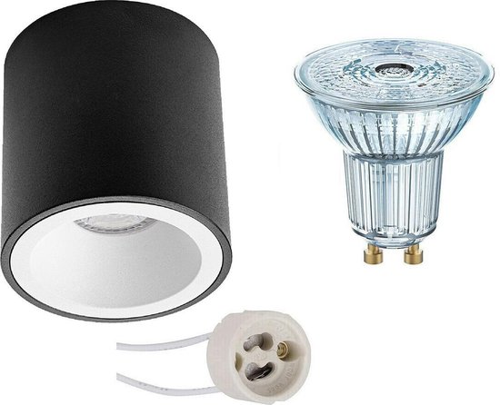 Opbouwspot Set - OSRAM Parathom PAR16 927 36D - Pragmi Cliron Pro - GU10 Fitting - Dimbaar - Opbouw Rond - Mat Zwart/Wit - 5.5W - Warm Wit 2700K - Verdiept - Ø90mm