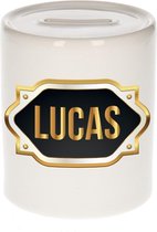 Lucas naam cadeau spaarpot met gouden embleem - kado verjaardag/ vaderdag/ pensioen/ geslaagd/ bedankt