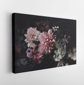 Vintage flowers. Peonies, tulips, lily, hydrangea on black. Floral background. Baroque style floristic illustration. - Modern Art Canvas - Horizontal - 1383694610 - 40*30 Horizonta