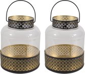 2x Lantaarns/windlichten zwart/goud Marokkaanse stijl 20 x 28 cm metaal en glas - Gebruik tuin/woonkamer - Thema Oosters/arabisch