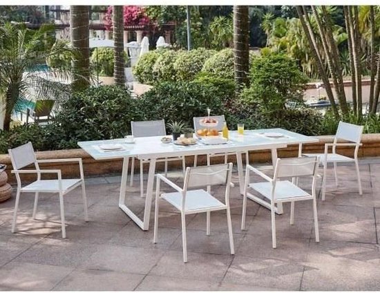 Garden Meal Set - uitschuifbare tafel 160-240 cm en 6 fauteuils - Aluminium frame - Wit