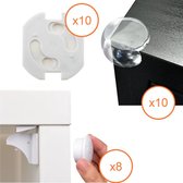 Kinderbeveiliging set – 28 Stuks - 10 Zelfklevende stopcontact beveiliging - 10 Transparant Hoekbeschermers - 8 veiligheid magneet sloten voor kasten (inclusief 1 magneet)