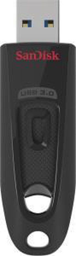 Zwarte SanDisk Cruzer Ultra USB 3.0-stick van 64GB met schuifmechanisme.