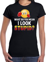 Funny emoticon t-shirt What do you mean i look stupid zwart voor XS