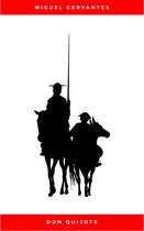 Don Quijote, geschreven door Miguel Cervantes, met een silhouet van Don Quijote en Sancho Panza op hun paarden.