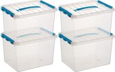 4x Sunware Q-Line opberg boxen/opbergdozen 22 liter 40 x 30 x 26 cm kunststof - opslagbox - Opbergbak kunststof transparant/blauw