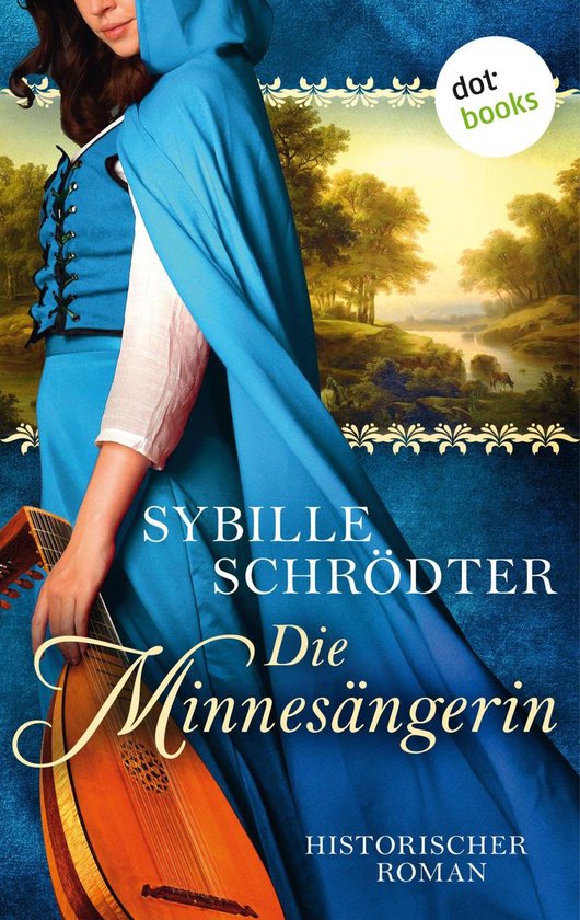 Une femme en robe bleue avec capuche et luth. "Die Minnesängerin" Sybille Schröder.
