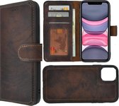 iPhone 11 hoesje - Bookcase - Portemonnee Hoes Krasvrij 2in1 Echt leer Wallet case Middenbruin