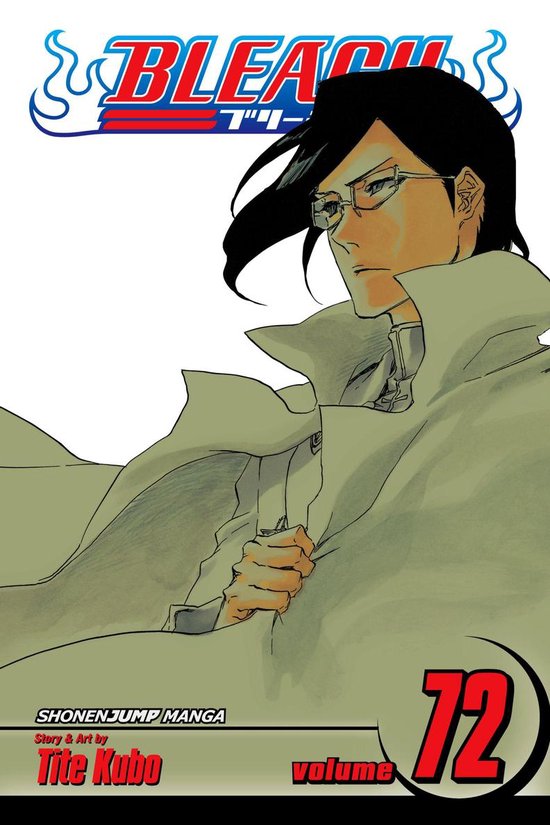 Couverture du manga Bleach Volume 72, Tite Kubo. Un homme aux cheveux noirs, lunettes et une cape verte.