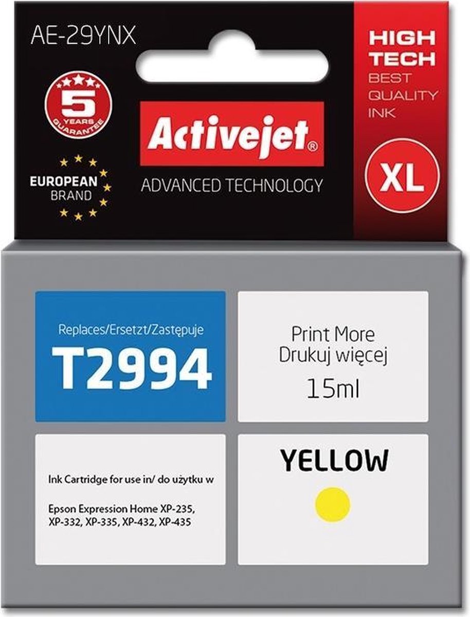 ActiveJet AE-29YNX-inkt voor Epson-printer, Epson 29XL T2994-vervanging; Opperste; 15 ml; geel.