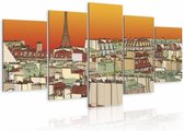Schilderij - Oranje lucht boven Parijs, 5 luik, Multikleur, 2 maten, Premium print