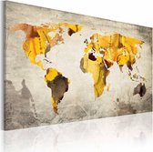 Schilderij - Wereldkaart - Zonnige Continenten, Geel/Grijs , premium print op canvas