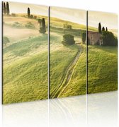 Schilderij - Onder de Zon - Toscane, Groen, 3luik , wanddecoratie , premium print op canvas