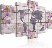 Schilderij - Romantische wereldkaart, lila grijs , 5 luik