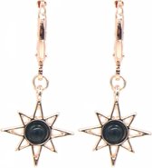 Dielay - Oorbellen Zon met Zwarte Steen - Oorhangers - 3x1,4 cm - Roségoudkleurig