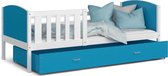 Kinderbed 200x90 cm - wit/blauw - met lade - hoge bedhekken - zonder matras