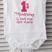 Rompertje baby meisje roze tekst cadeau eerste moederdag | eerste moederdag jij bent mijn super mama |  mouwloos| wit roze fucsia | maat 86-92