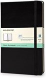 Zwarte Moleskine Art Plus Music Notebook met een crèmekleurige band met illustraties en tekst.