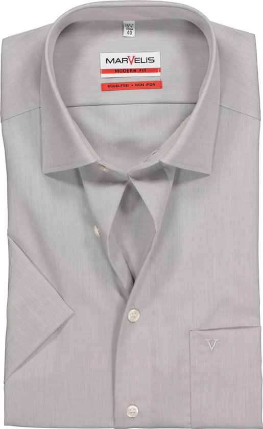 MARVELIS Modern Fit - overhemd korte mouw - grijs - Strijkvrij - Boordmaat: