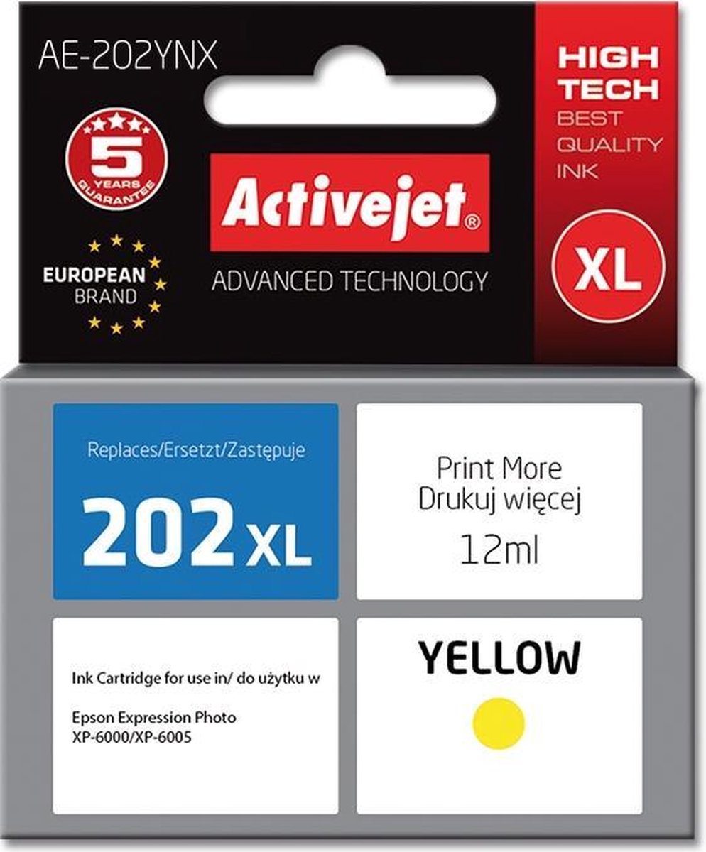 ActiveJet AE-202YNX-inkt voor Epson-printer, Epson 202XL H44010 Vervanging; Opperste; 12 ml; geel.
