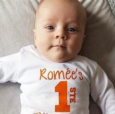 Baby Rompertje tekst | Mijn eerste koningsdag met naam| lange mouw | wit oranje | maat 62-68  holland hup Nederland supporter