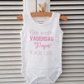 Baby Rompertje met tekst cadeau papa | fijne eerste vaderdag met naam roze meisje baby mouwloos wit met roze 74-80