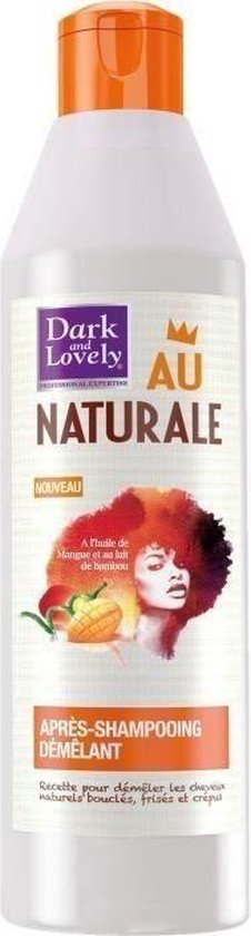 Fles met Dark & Lovely Au Naturale conditioner. Met afbeelding van vrouw met mango en bamboe.