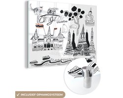 MuchoWow® Glasschilderij 80x60 cm - Schilderij acrylglas - Zwart-wit illustratie van bezienswaardigheden in Bangkok - Foto op glas - Schilderijen