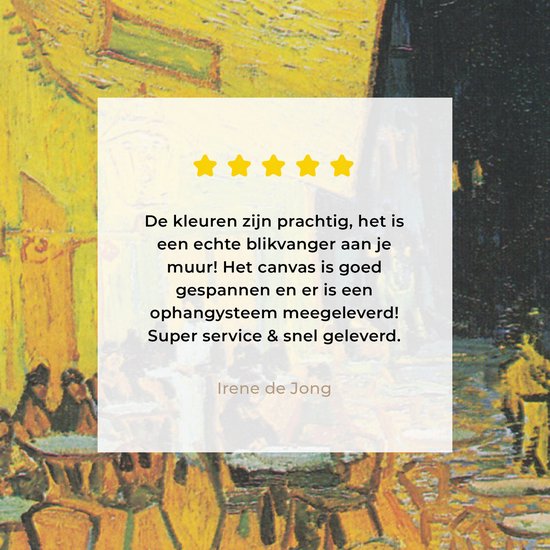 Een schilderij van een terras 's avonds met een gele muur en tekst met een recensie van Irene de Jong.