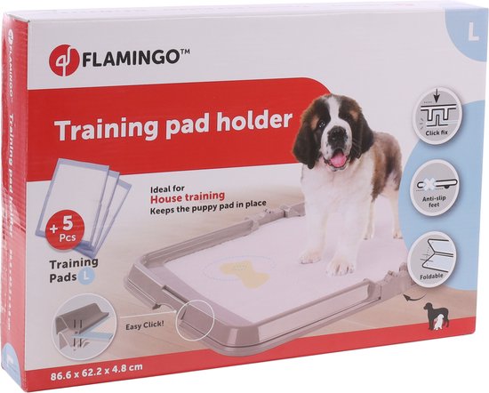 Flamingo trainingsmat houder met een St. Bernard pup. Inclusief 5 trainingsmatten L. Afmetingen 86,6 x 62,2 x 4,8 cm.