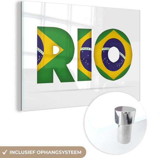 MuchoWow® Glasschilderij 60x40 cm - Schilderij acrylglas - Illustratie van de tekst Rio in de Braziliaanse vlag - Foto op glas - Schilderijen