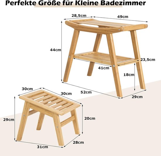Bamboe douchekruk met voetenbankje, badkruk met opbergvak met legplank