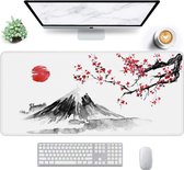 Gaming muismat, XXXL, 900 x 400 mm, Japanse inktschildering, met de Fuji berg, Sakura bloesem en de zon, genaaide randen, waterdicht, antislip
