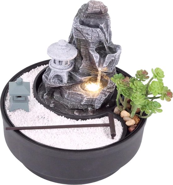 tafelfontein met Zen tuin en Japanse lantaarns | decoratieve sierfontein met waterval | waterfontein voor thuis en op kantoor