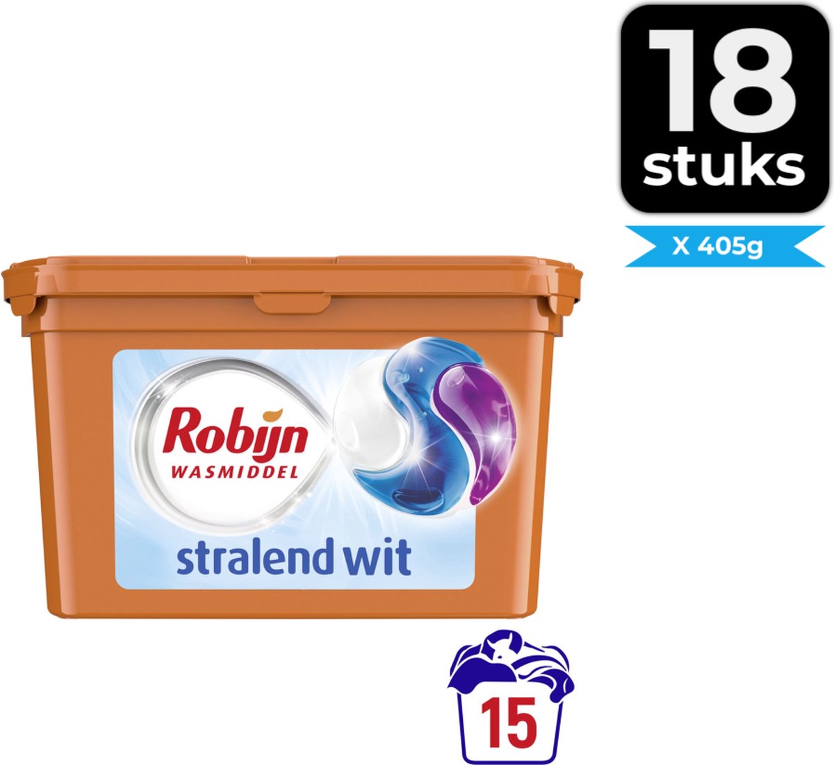 Robijn Wascapsules - 3-in-1 - Stralend Wit - 15 Stuks - Voordeelverpakking 18 stuks