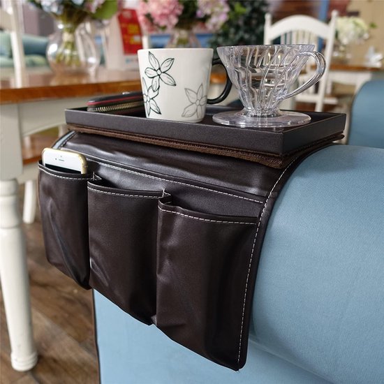 Betoores Fauteuil Caddy Afstandsbediening Houder voor Sofa Bank Stoel met Water Fleshouder, Antislip Armsteun Organizer voor Magazine, Mobiele Telefoon, iPad, Tablet, Oplaadkabel - Donkergrijs