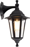 Zwarte klassieke wandlamp met glazen zijden en gloeilamp.
