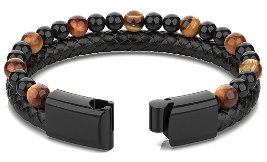 Malinsi Armband Heren - Kralensteen met Zwart Leer en RVS - 20 cm + 2 cm verlengstuk - Armbandje Mannen - Malinsi