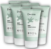 Een multipack van vijf Derma Eco Baby Shampoo/Bad tubes. Lichtgroen met schildpad-logo, 0% parfum.
