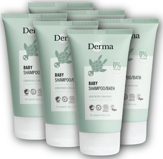 Een multipack van vijf Derma Eco Baby Shampoo/Bad tubes. Lichtgroen met schildpad-logo, 0% parfum.
