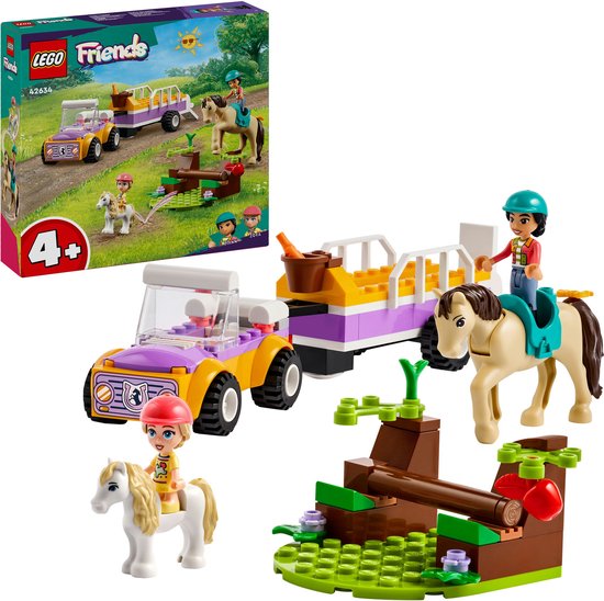 Voiture et remorque LEGO Friends violettes et jaunes, deux chevaux et trois figurines dans un cadre extérieur.