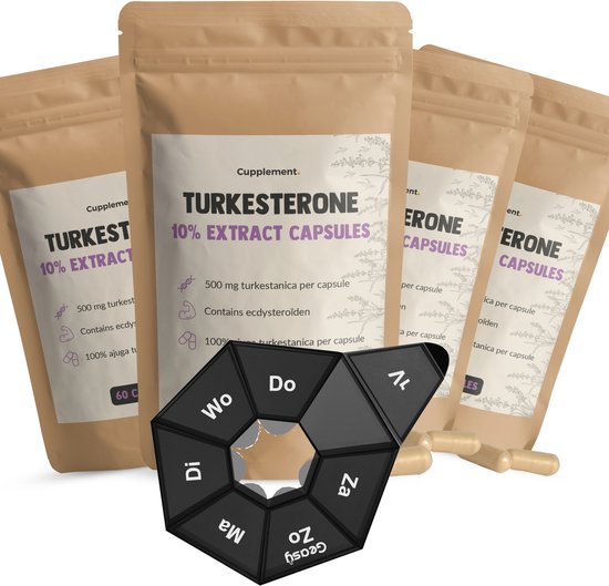 Cupplement - 4 Zakken Turkesterone 60 Capsules - Inclusief Pillendoos - 10% Extract Ajuga Turkestanica - 500 MG Per Capsule - Testosteron booster - Sport, Afvallen & Fitness - Supplement - Superfood - Alternatief voor Tongkat Ali