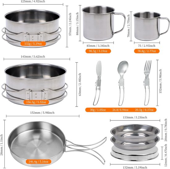 Casserole Camping Mizikuu 1.5L - Acier Inoxydable 304 - Poignées Pliables - Pour Randonnée Et Bivouac