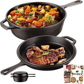 Gietijzeren pan, brood bakken, gietijzeren braadpan met deksel, lange handgreep, 2-in-1 Cast Iron Pot met receptenboek, gebruiksklaar ingebrand, voor keuken, camping, tuin, BBQ, bakken,